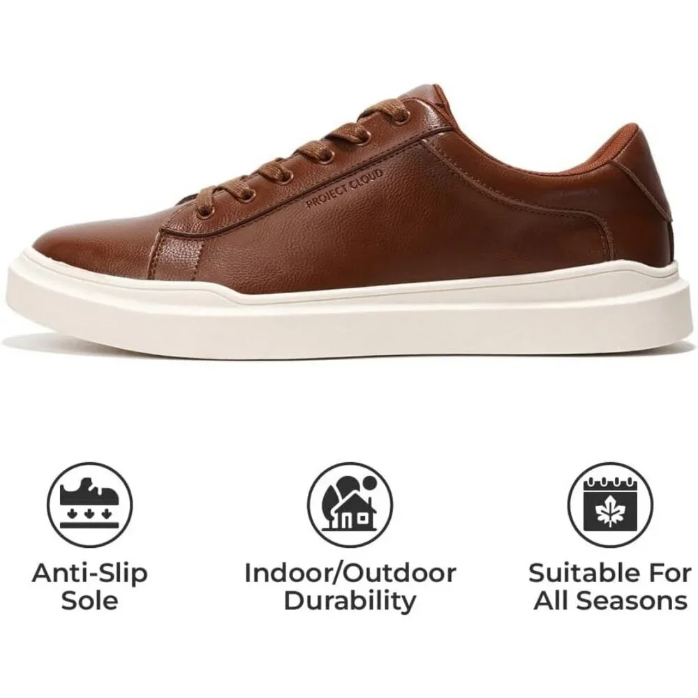 ⚡ Men Cognac Faux Leather Memory Foam Insole Lightweight Non Slip Sneakers